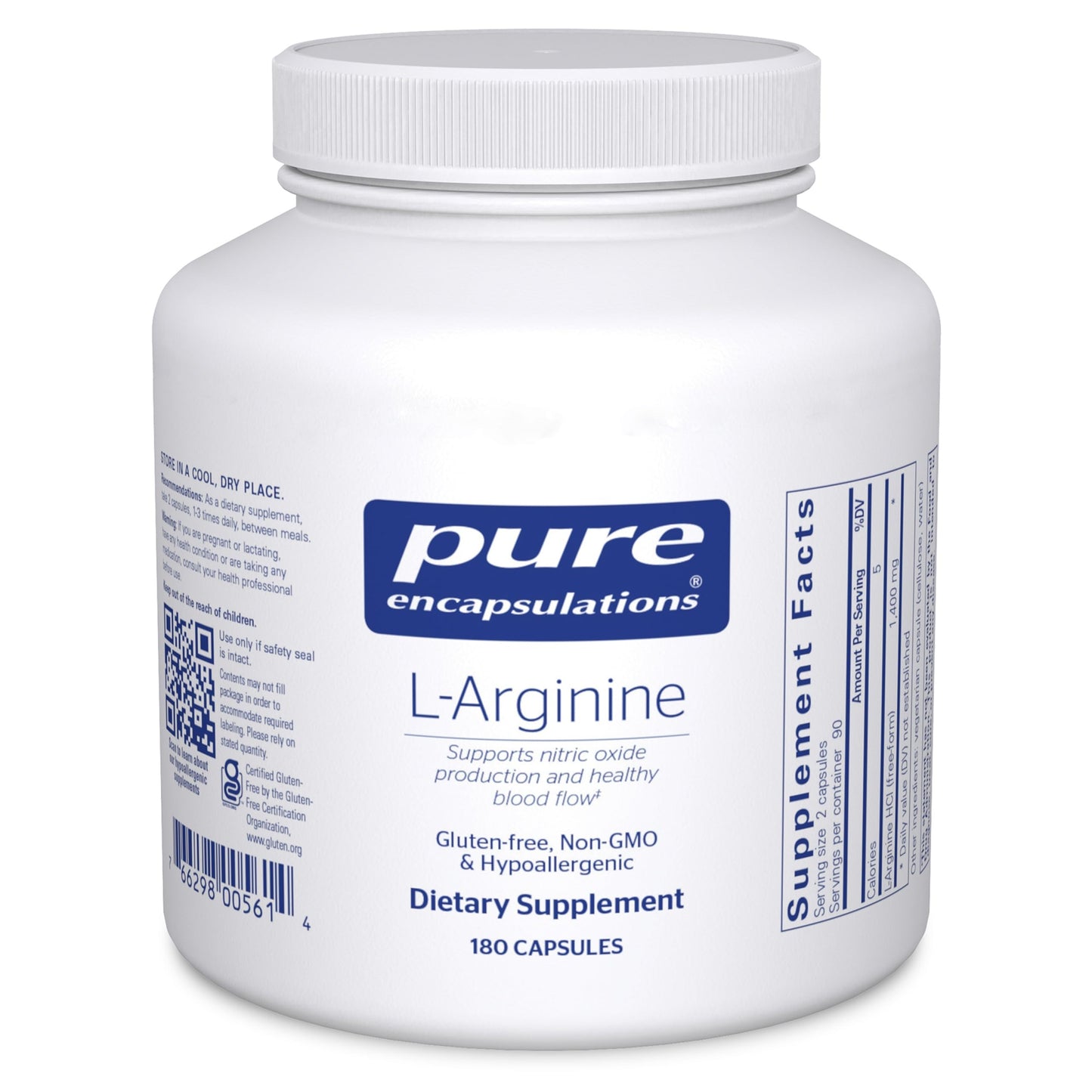 Pure Encapsulations L-Arginine 1,400 mg – Supports Nitric Oxide & Circulation | Gluten Free & Non-GMO | 180 Capsules