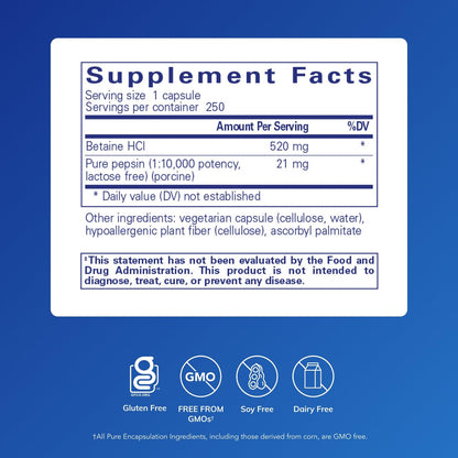 Pure Encapsulations Betaine HCl Pepsin – Digestive Enzymes for Digestion & Nutrient Absorption (250 Capsules)