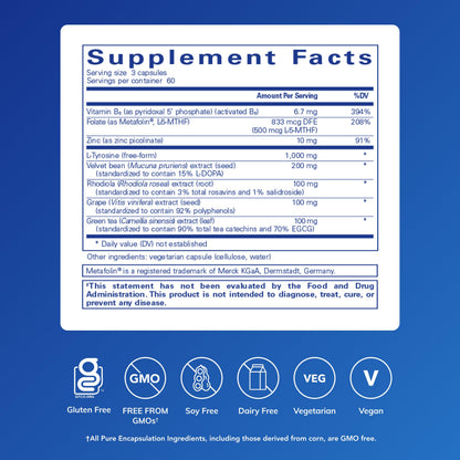 Pure Encapsulations DopaPlus — Supports Dopamine Production for Daily Brain Function* | Folate, B6 & L-5-MTHF | Non-GMO & Vegan - 180 Capsules