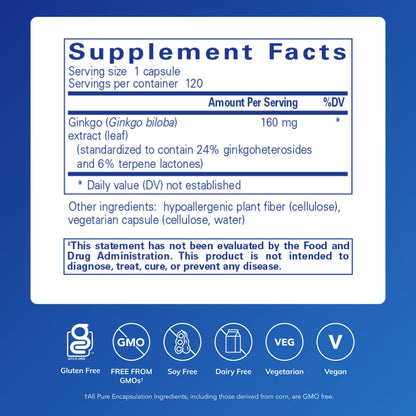 Pure Encapsulations Ginkgo 50 160 mg | Ginkgo Biloba for Brain & Circulation | 120 Capsules