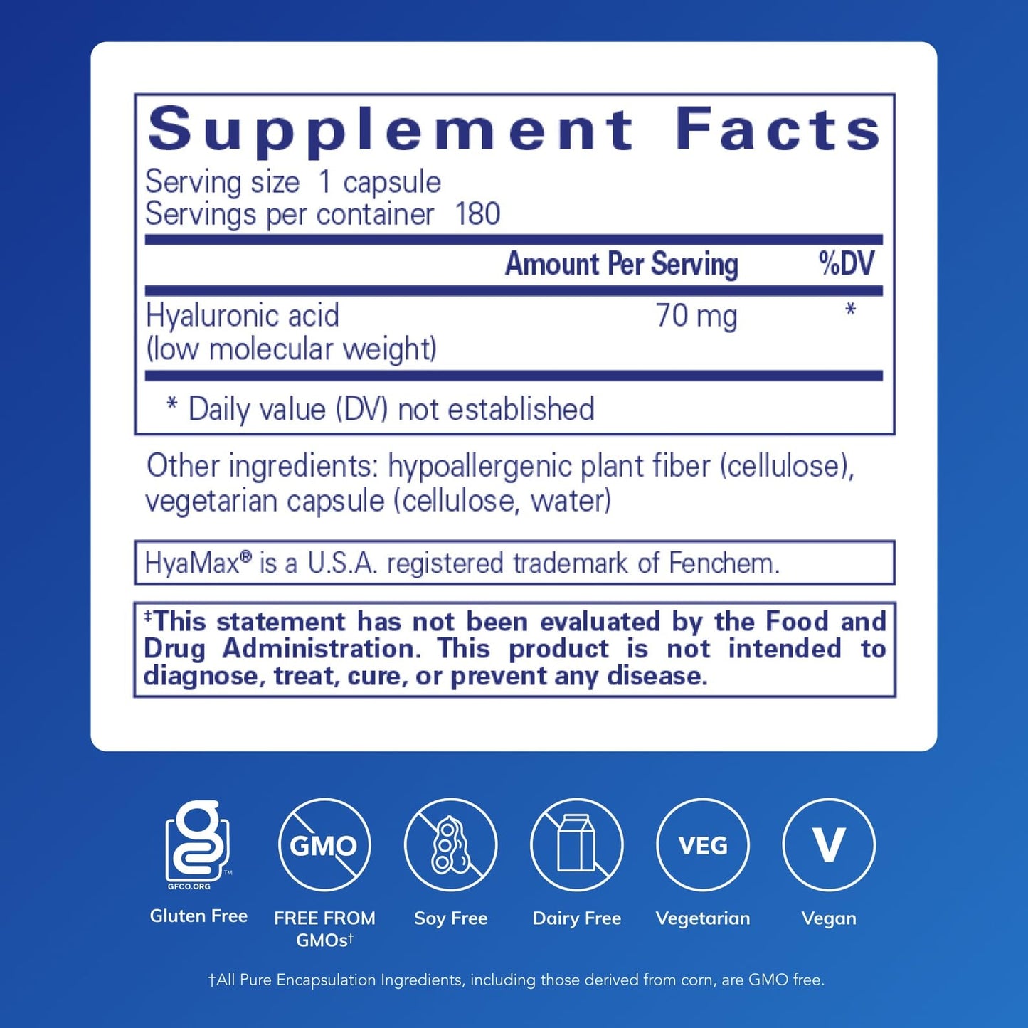 Pure Encapsulations Hyaluronic Acid - Skin Hydration & Joint Support | Gluten Free, Vegan, Non-GMO | 180 Capsules
