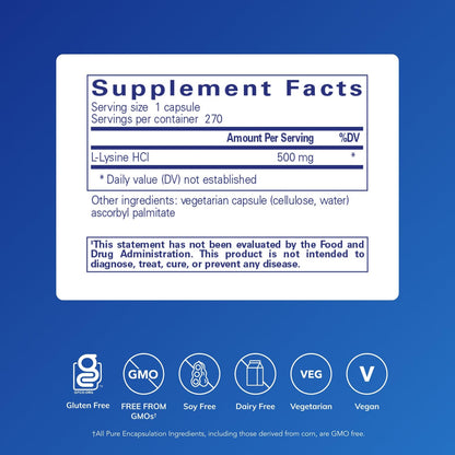 Pure Encapsulations L-Lysine 270 Capsules | Immune Support & Gum Health | L-Lysine HCl