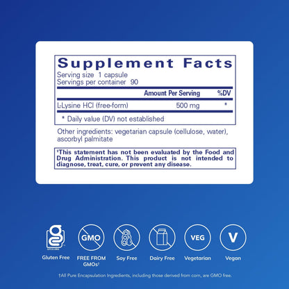 Pure Encapsulations L-Lysine - Essential Amino Acid for Immune Support & Gum/Lip Health* | 90 Capsules