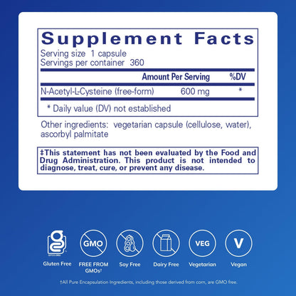 Pure Encapsulations NAC 600 mg – N-Acetyl Cysteine Supplement for Lung Health, Immune Support, Liver Health & Antioxidants* (Freeform N-Acetyl-L-Cysteine) - 360 Capsules
