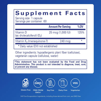 Pure Encapsulations PureHeart K2D – Vitamin K2 (MK7) & Vitamin D3 Heart Health Supplement – 60 Vegetarian Capsules