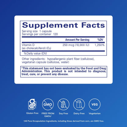 Pure Encapsulations Vitamin D3 250 mcg (10,000 IU) | Bone, Immune & Heart Support – 120 Capsules