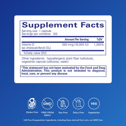 Pure Encapsulations Vitamin D3 250 mcg (10,000 IU) | Bone, Immune & Heart Support – 120 Capsules