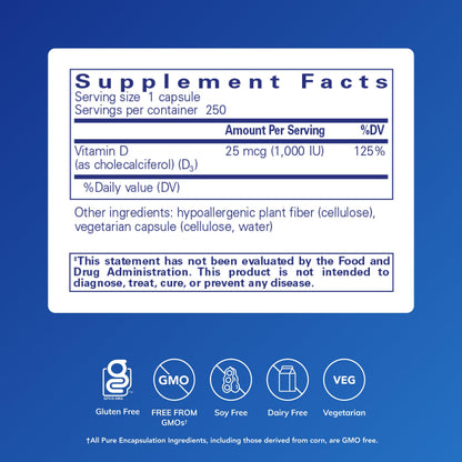 Pure Encapsulations Vitamin D3 25 mcg (1,000 IU) – Supports Bone, Immune, Heart & Colon Health | 250 Capsules