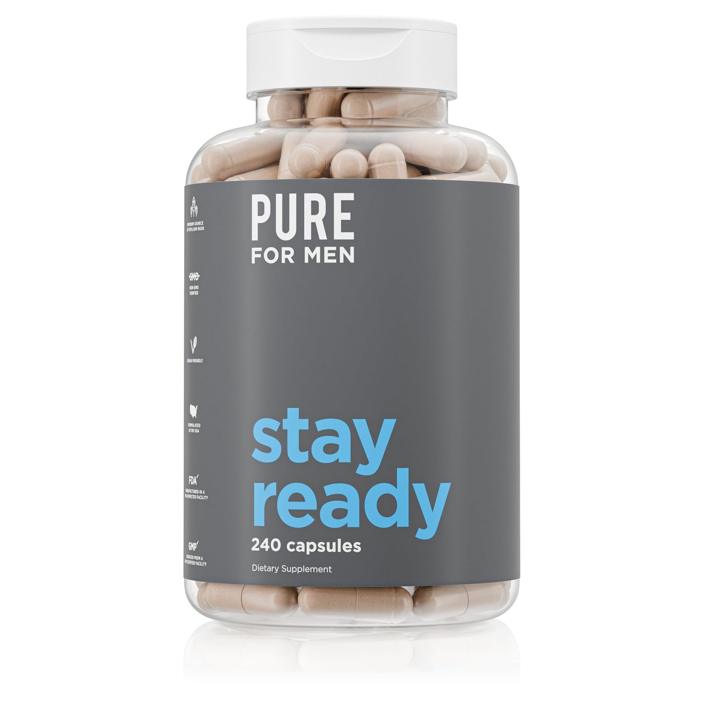 Pure for Men Stay Ready Fiber Supplement - Digestive Regularity | Psyllium Husk, Aloe Vera, Chia Seeds & Flaxseeds | 240 Vegan Capsules
