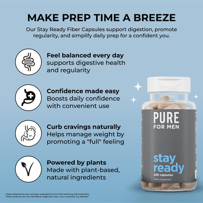 Pure for Men Stay Ready Fiber Supplement - Digestive Regularity | Psyllium Husk, Aloe Vera, Chia Seeds & Flaxseeds | 240 Vegan Capsules
