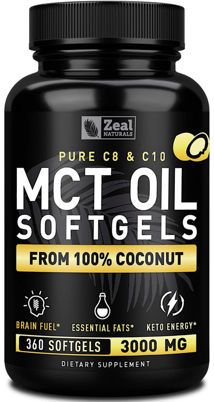 Zeal Naturals Pure MCT Oil Capsules - 3000mg, 360 Softgels | C8/C10 MCT from Coconut | Energy Support & Focus | Gluten-Free