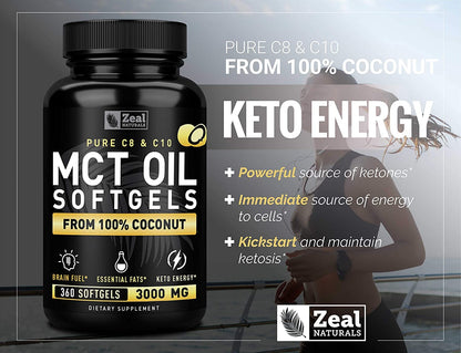 Zeal Naturals Pure MCT Oil Capsules - 3000mg, 360 Softgels | C8/C10 MCT from Coconut | Energy Support & Focus | Gluten-Free