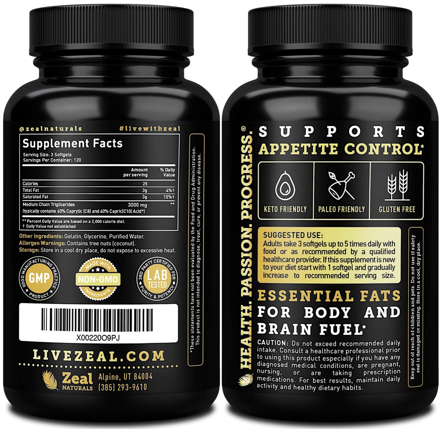 Zeal Naturals Pure MCT Oil Capsules - 3000mg, 360 Softgels | C8/C10 MCT from Coconut | Energy Support & Focus | Gluten-Free