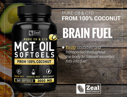 Zeal Naturals Pure MCT Oil Capsules - 3000mg, 360 Softgels | C8/C10 MCT from Coconut | Energy Support & Focus | Gluten-Free