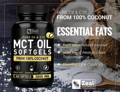Zeal Naturals Pure MCT Oil Capsules - 3000mg, 360 Softgels | C8/C10 MCT from Coconut | Energy Support & Focus | Gluten-Free
