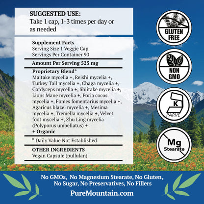 Pure Mountain Botanicals Mushroom Immune - 90 Kosher Capsules | 14 Medicinal Mushrooms