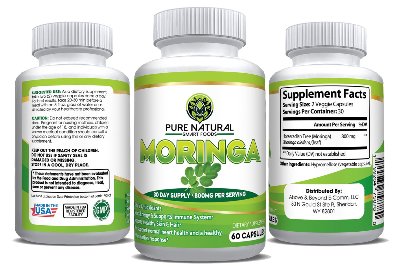 Pure Natural Smart Foods - Moringa Powder Capsules (60 Capsules) - 800mg of Pure Nutrient-Rich Moringa Powder