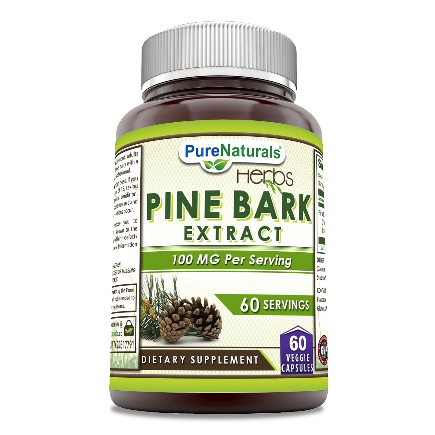 Pure Naturals Pine Bark Extract 100 mg – 60 Veggie Capsules | Non-GMO, Gluten Free | USA Made