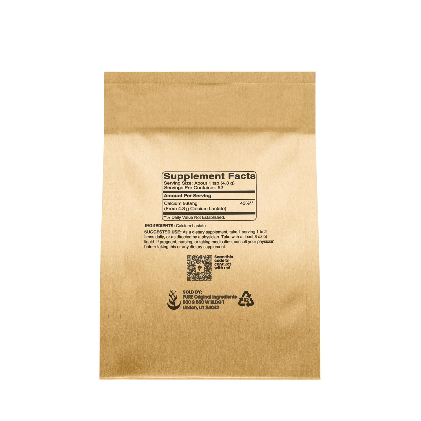 Pure Original Calcium Lactate (8 oz) - Calcium Supplement & Electrolyte | Pure Original Ingredients