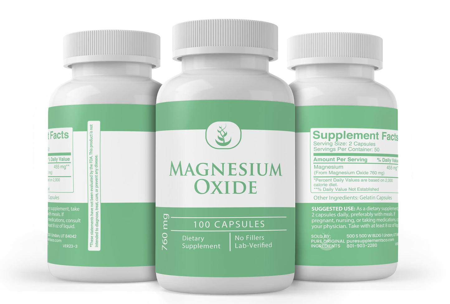 Pure Magnesium Oxide 100 Capsules | Always Pure, No Additives or Fillers | Lab Verified