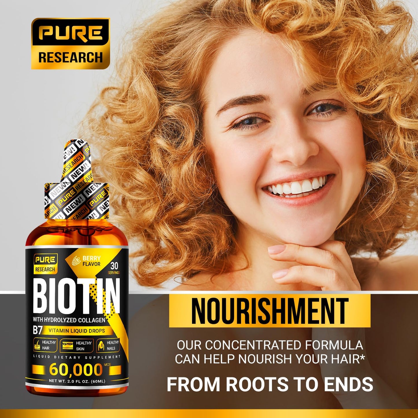 PURE RESEARCH Biotin & Collagen 60,000mcg Hair Growth Liquid Drops – Strong Nails, Healthy Hair & Glowing Skin (4 Fl Oz)