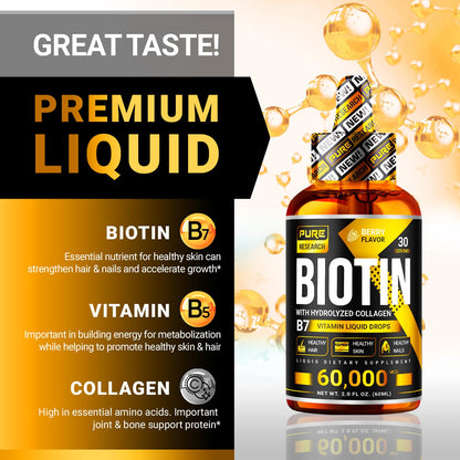 PURE RESEARCH Biotin & Collagen 60,000mcg Hair Growth Liquid Drops – Strong Nails, Healthy Hair & Glowing Skin (4 Fl Oz)