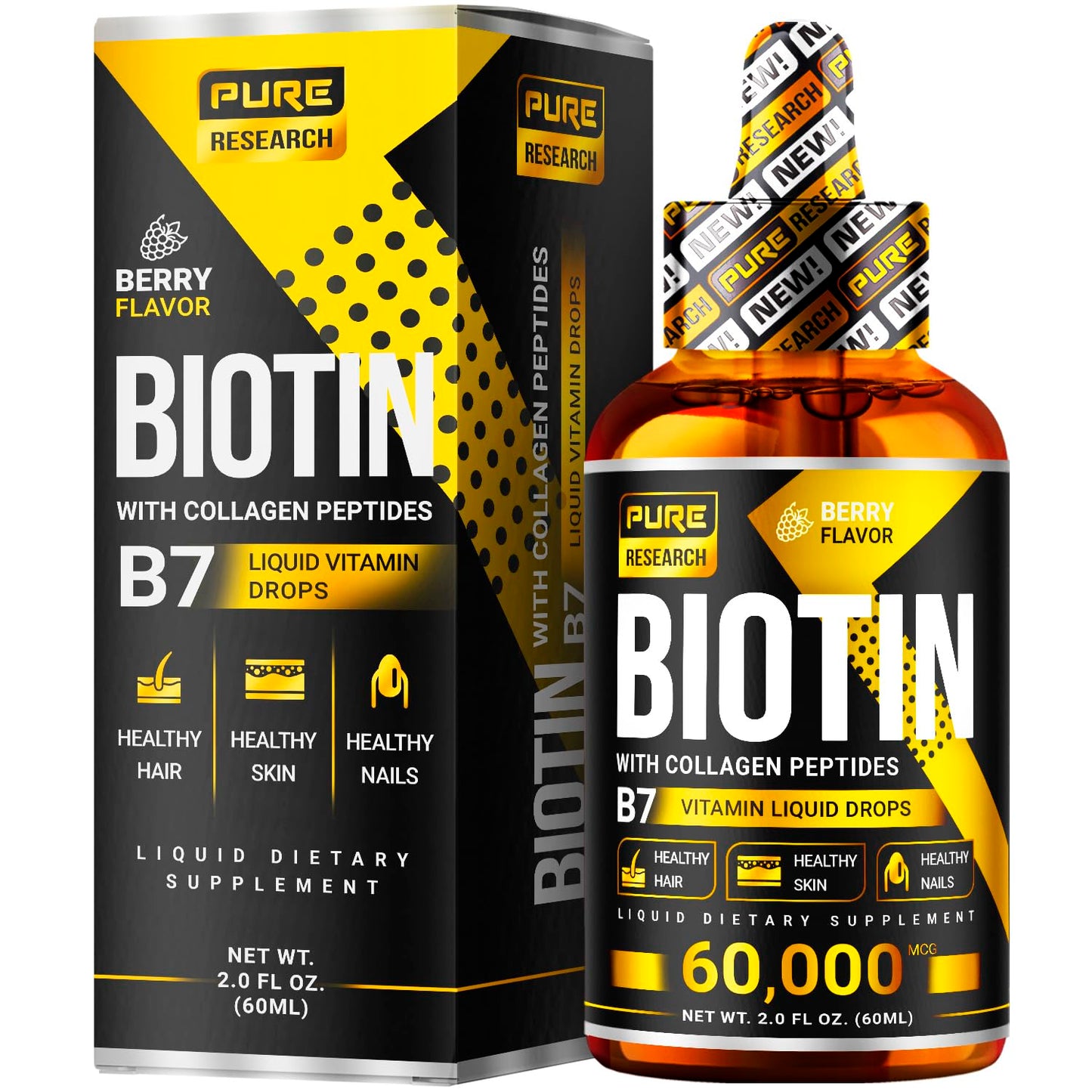 PURE RESEARCH Biotin & Collagen 60,000mcg Hair Growth Liquid Drops – Strong Nails, Healthy Hair & Glowing Skin (4 Fl Oz)
