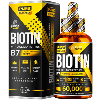 PURE RESEARCH Biotin & Collagen 60,000mcg Hair Growth Liquid Drops – Strong Nails, Healthy Hair & Glowing Skin (4 Fl Oz)