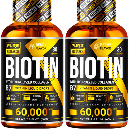 PURE RESEARCH Biotin & Collagen 60,000mcg Hair Growth Liquid Drops – Strong Nails, Healthy Hair & Glowing Skin (4 Fl Oz)