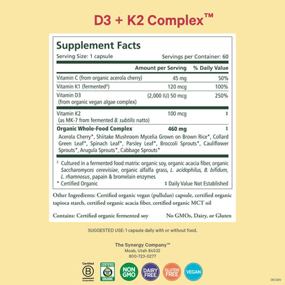 PURE SYNERGY D3 + K2 Complex | Vegan Vitamin D3 K2 Complex | Organic D3 Supplement with Vitamin K2 and K1 Plus Organic Whole Foods | Supports Bone, Brain, and Immune Health (60 Capsules)