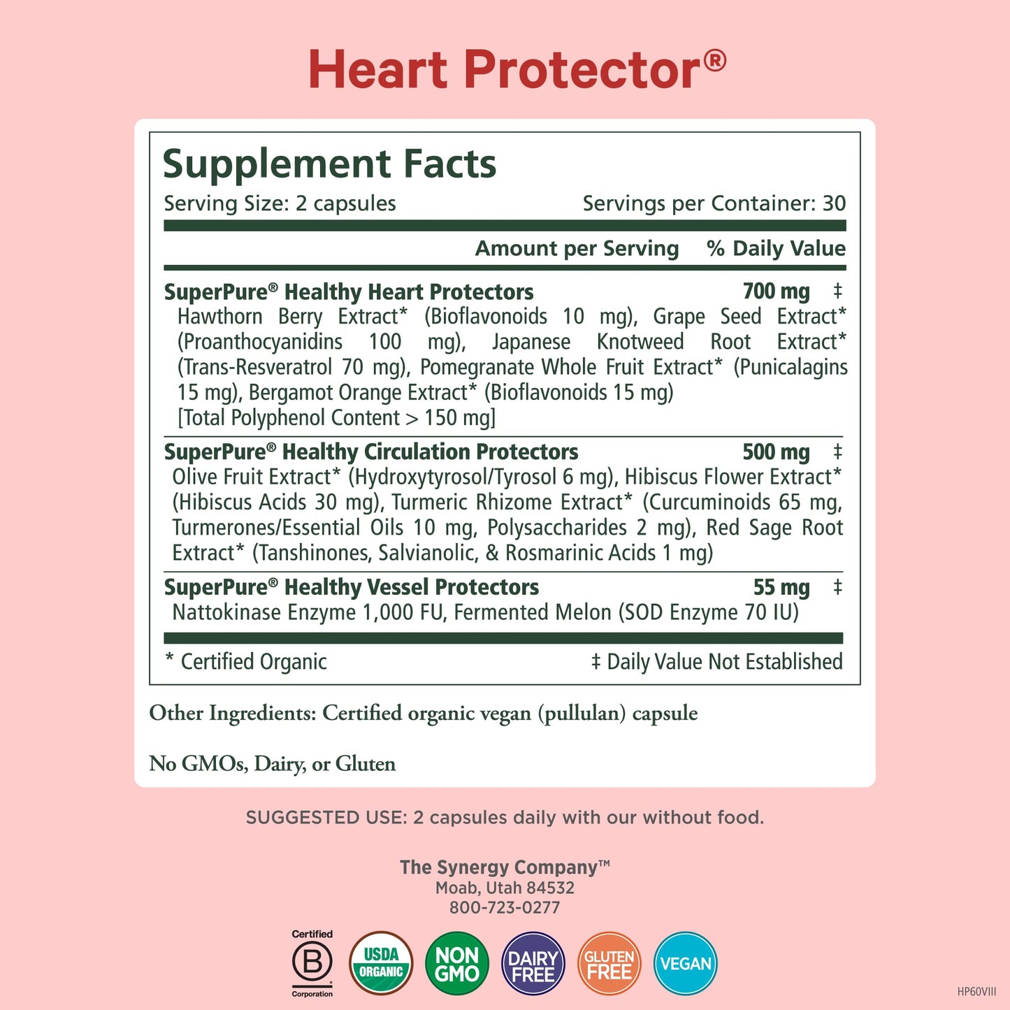 PURE SYNERGY Heart Protector | Organic Hawthorn Berry, Resveratrol & Nattokinase for Heart & Vascular Support | 60 Capsules
