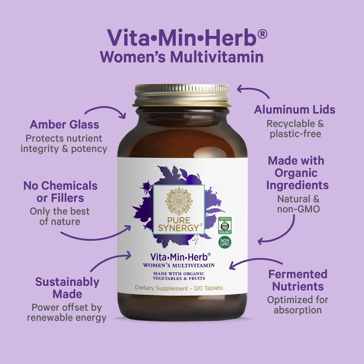 PURE SYNERGY Vita-Min-Herb for Women | Organic Whole-Food Multivitamin (120 Tablets)