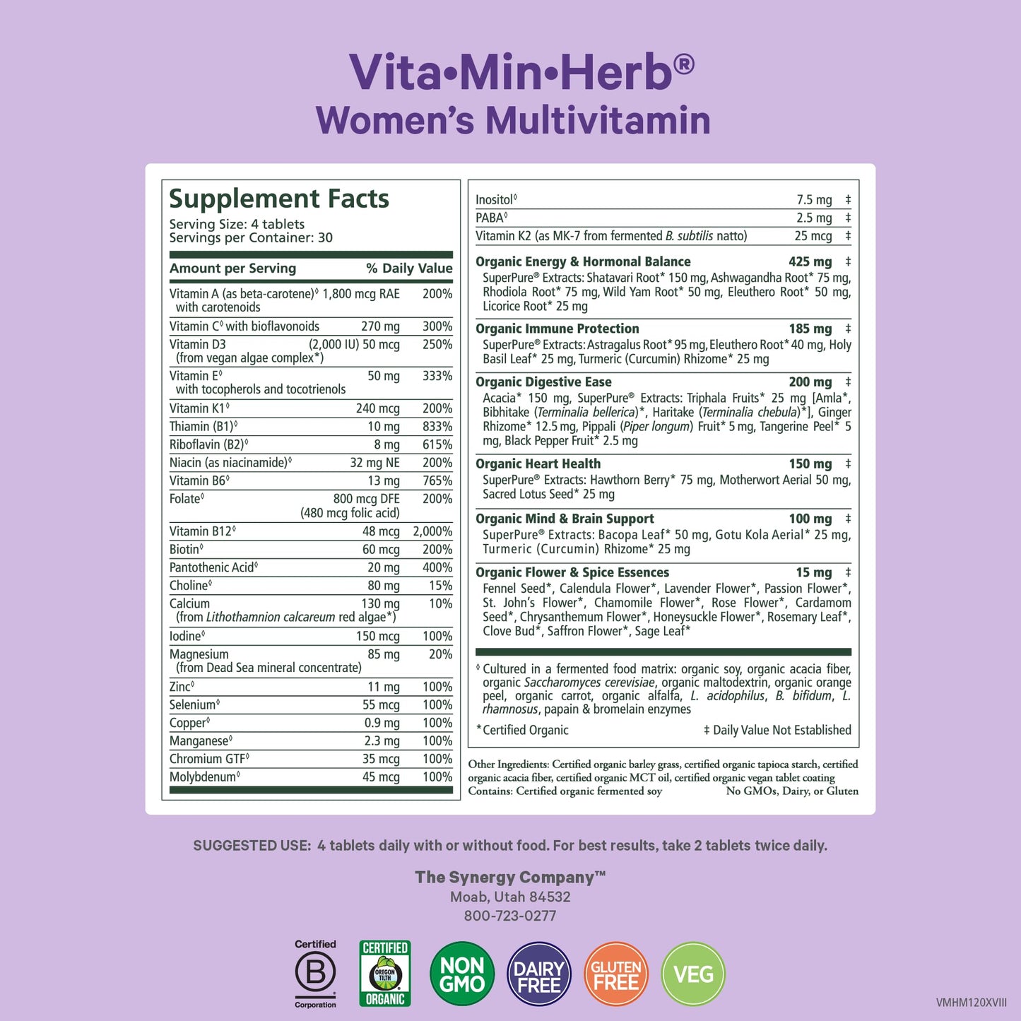 PURE SYNERGY Vita-Min-Herb for Women | Organic Whole-Food Multivitamin (120 Tablets)