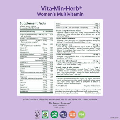 PURE SYNERGY Vita-Min-Herb for Women | Organic Whole-Food Multivitamin (120 Tablets)