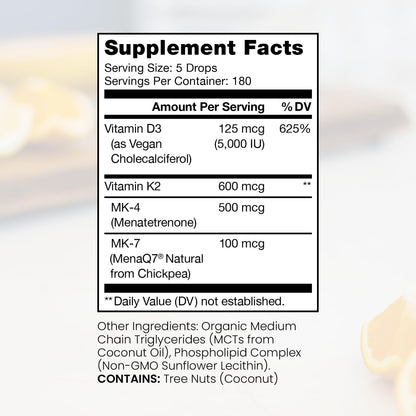 Pure Therapro Rx Vegan D3 + K2 Liposomal 20ml – 5000 IU D3, 600 mcg K2 (MK4/MK7) – 6 Month Supply, USA Made