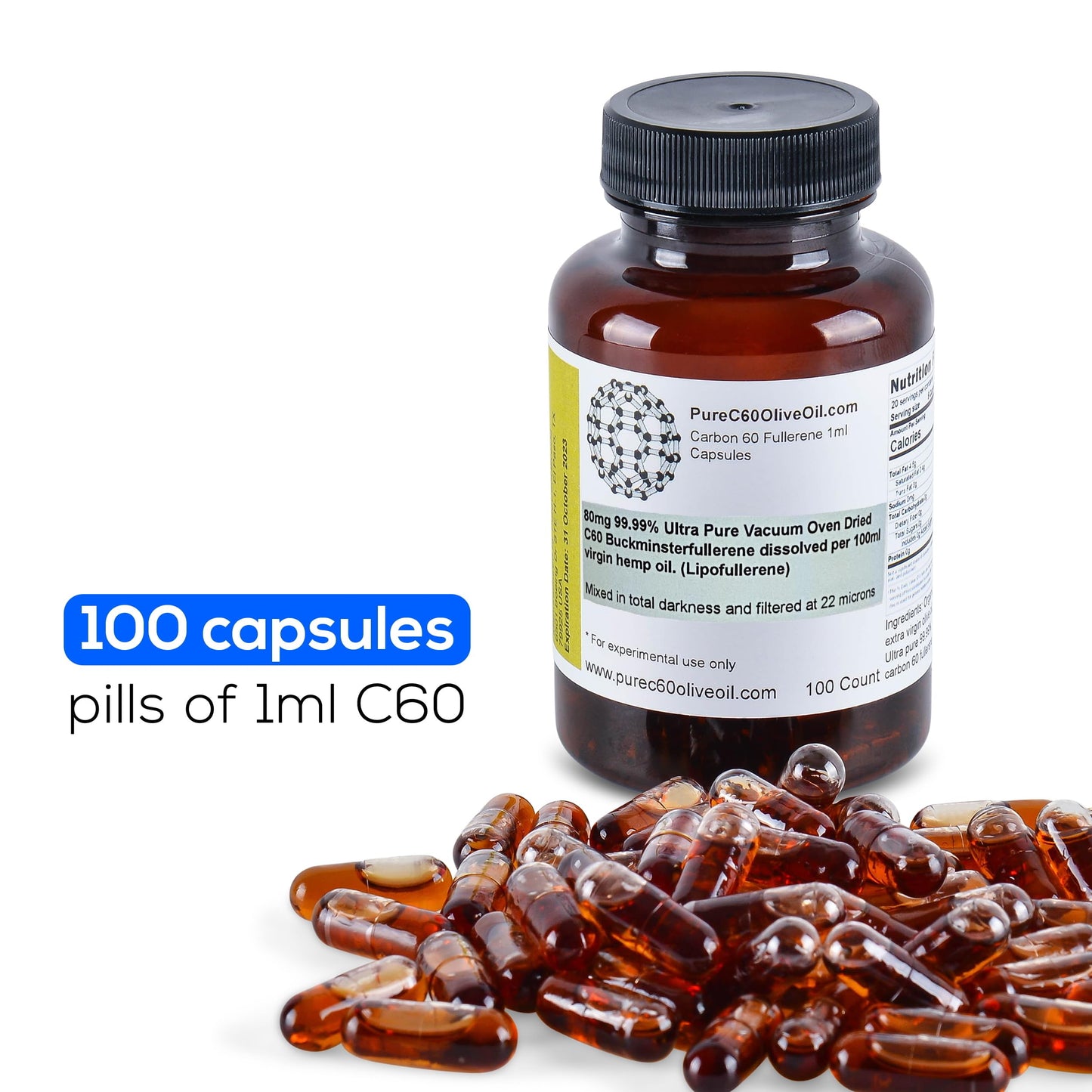 PureC60OliveOil C60 Organic Hemp Seed Oil Capsules Pills 100ml / 3.4 Fl Oz - 99.99% Carbon 60 Solvent Free 80mg - Food Grade - Carbon 60 Hemp Seed Oil - from The Leading Global Producer