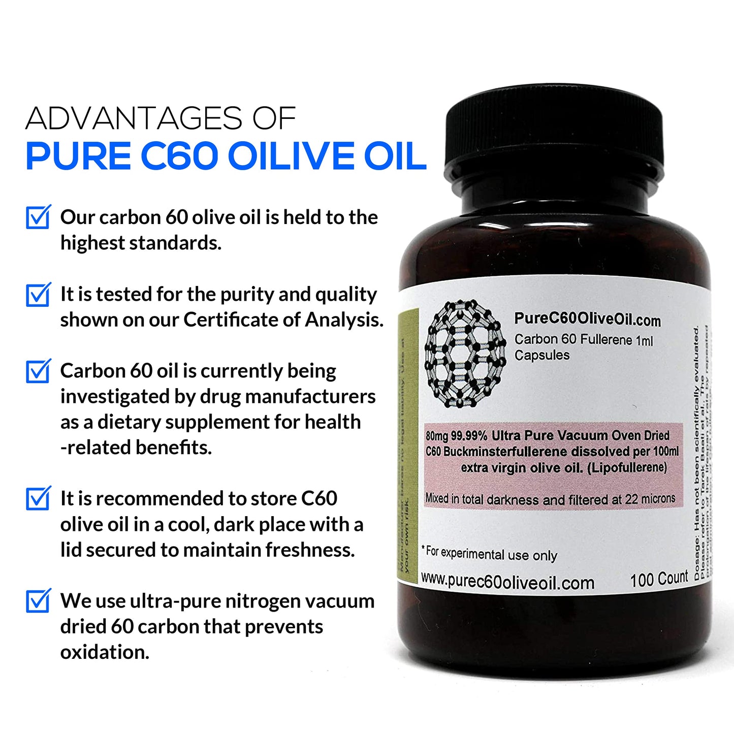 PureC60 Olive Oil Capsules – C60 Organic Olive Oil 100ml (3.4 fl oz) | Solvent Free
