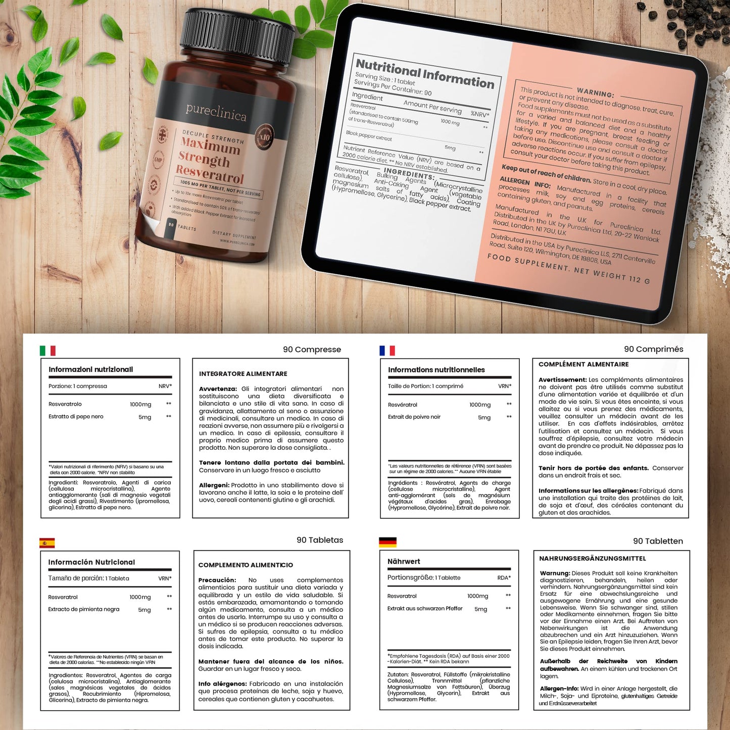 Pureclinica 1000mg Resveratrol - 180 Tablets (6 Months) + Black Pepper Absorption