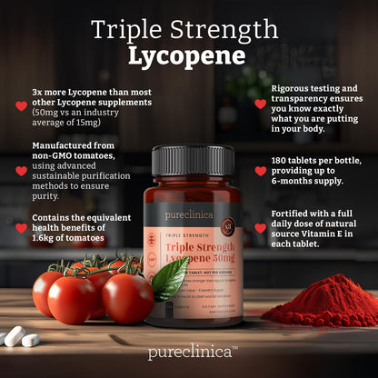 PureClinica Lycopene 50mg 180 Tablets | 6-Month Supply | 3x Strength