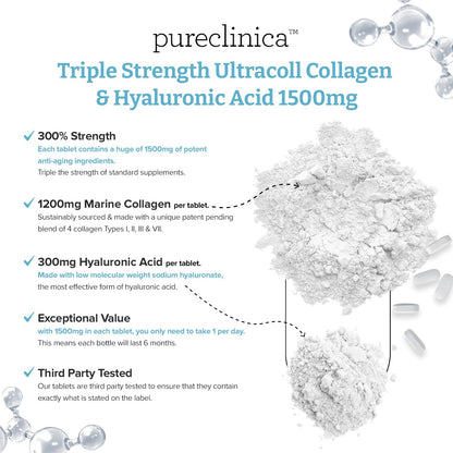 PureClinica Triple Strength Marine Collagen & Hyaluronic Acid – 1500mg per Tablet | 720 Tablets (4 Bottles of 180) | Supports Skin, Joints & Hydration