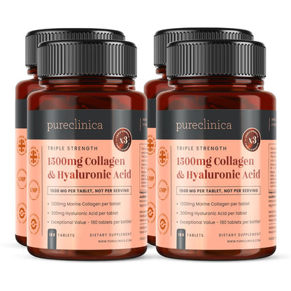 PureClinica Triple Strength Marine Collagen & Hyaluronic Acid – 1500mg per Tablet | 720 Tablets (4 Bottles of 180) | Supports Skin, Joints & Hydration