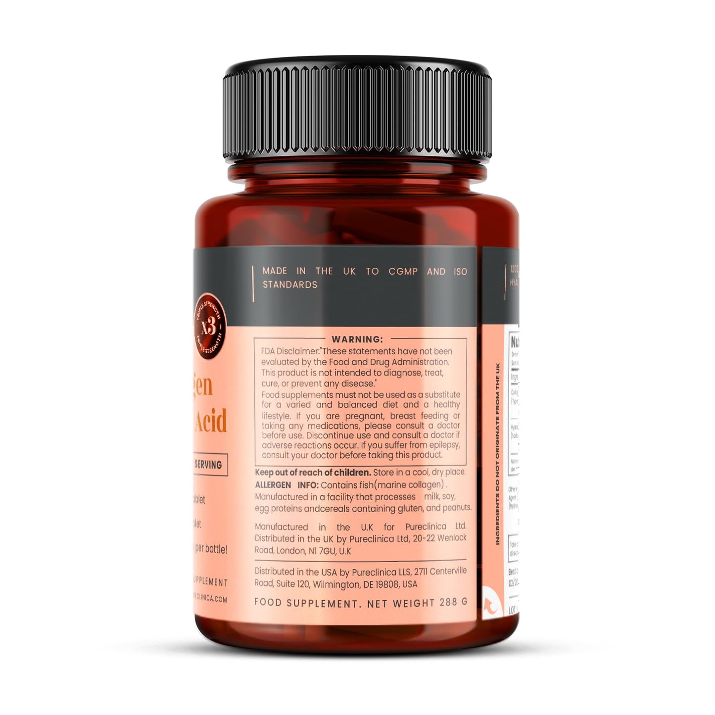 PureClinica Triple Strength Marine Collagen & Hyaluronic Acid – 1500mg per Tablet | 720 Tablets (4 Bottles of 180) | Supports Skin, Joints & Hydration