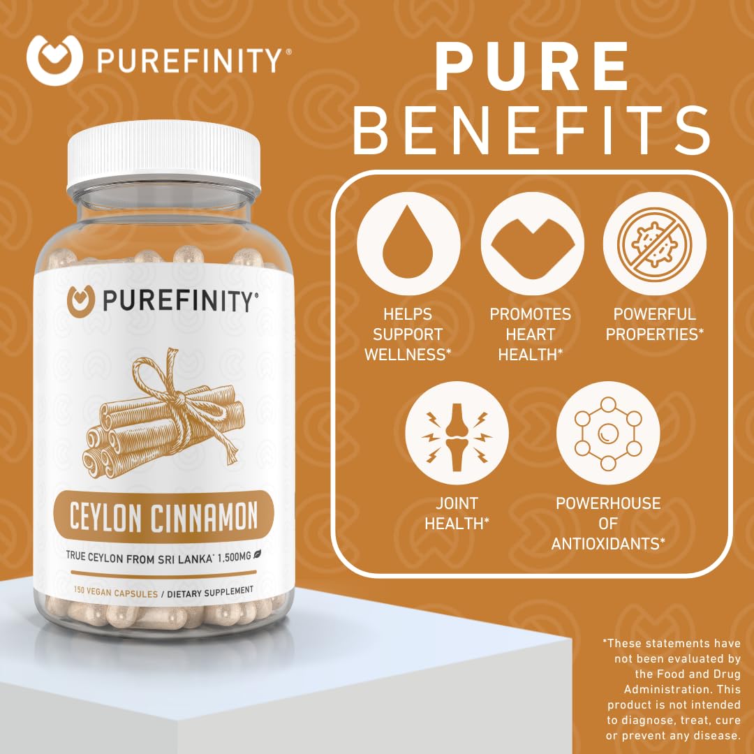 PUREFINITY Ceylon Cinnamon Capsules – 1500mg, Vegan, Non-GMO, 150 Count (75 Day Supply) Pack of 2