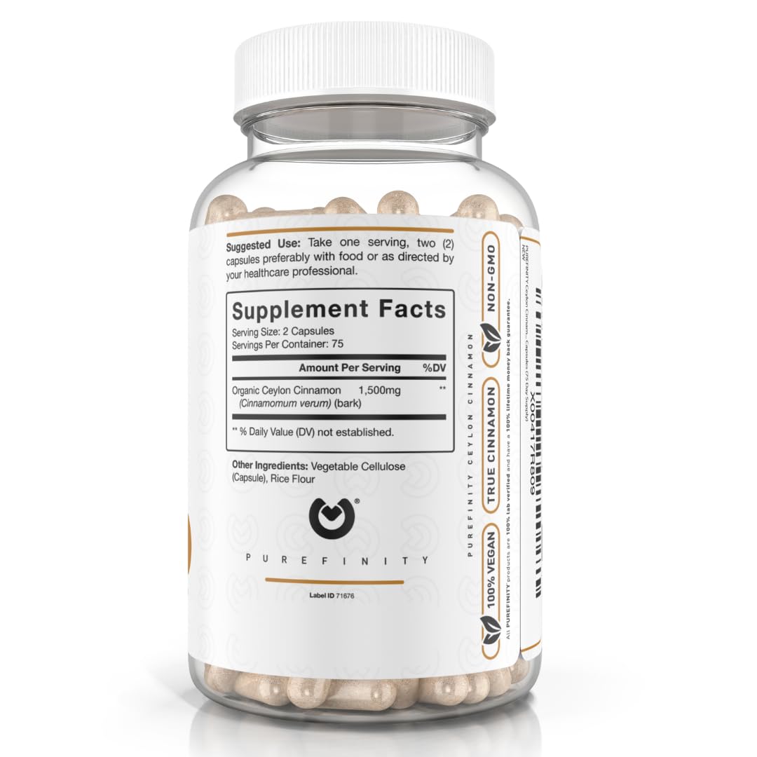 PUREFINITY Ceylon Cinnamon Capsules – 1500mg, Vegan, Non-GMO, 150 Count (75 Day Supply) Pack of 2