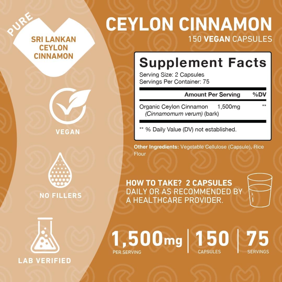 PUREFINITY Ceylon Cinnamon Capsules – 1500mg, Vegan, Non-GMO, 150 Count (75 Day Supply) Pack of 2