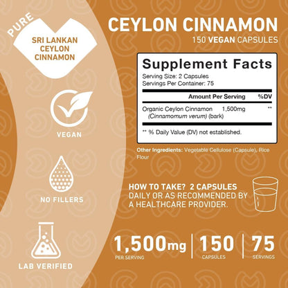 PUREFINITY Ceylon Cinnamon Capsules – 1500mg, Vegan, Non-GMO, 150 Count (75 Day Supply) Pack of 2