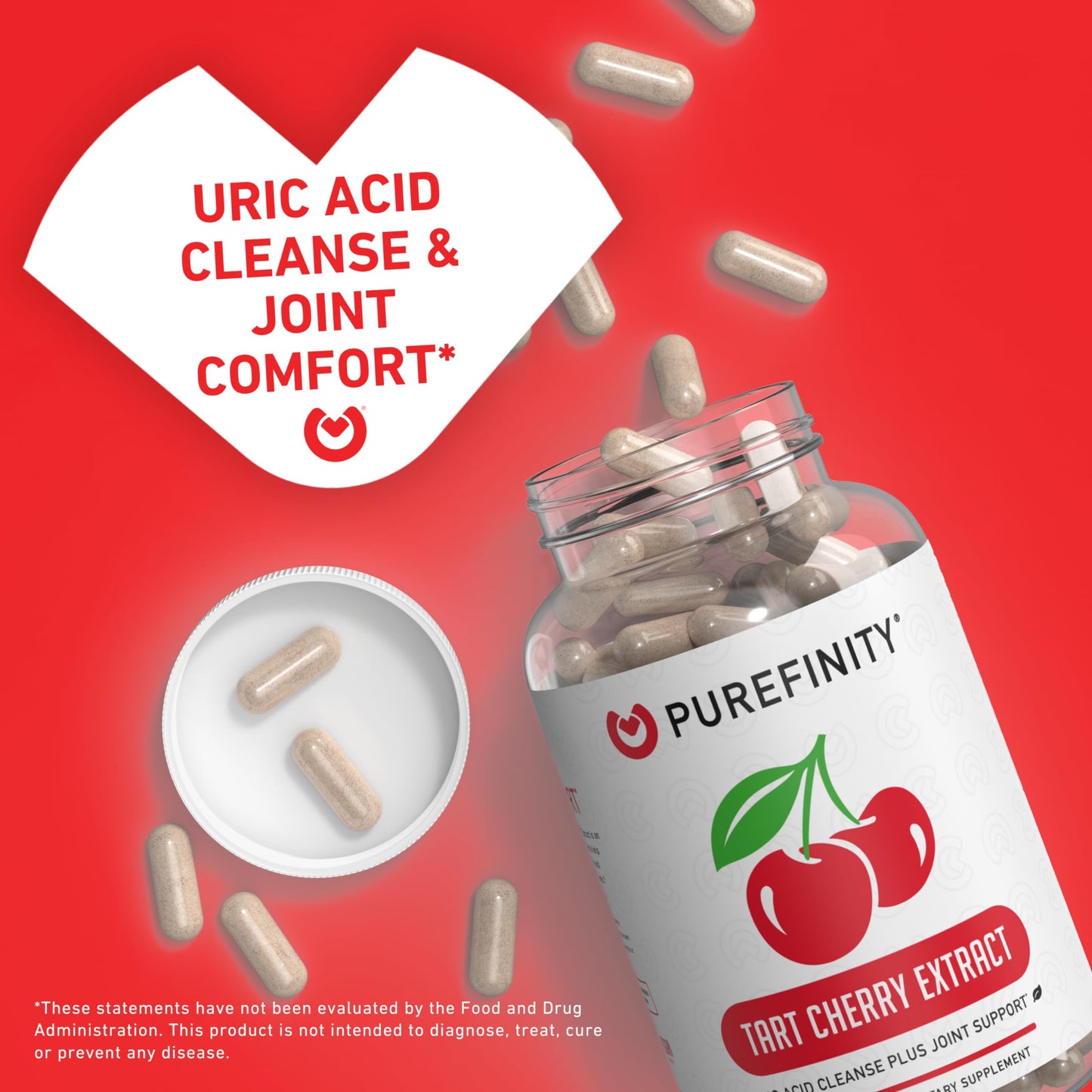 PUREFINITY Tart Cherry Capsules – Uric Acid Flush & Joint Support (30 Count) – Non-GMO, Gluten Free, Vegan