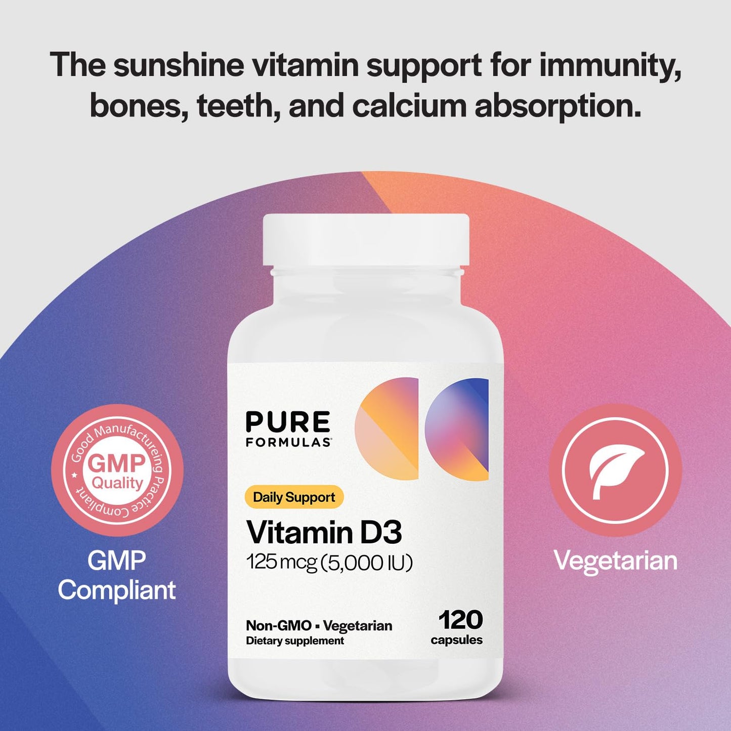 PureFormulas Vitamin D3 5000 IU (125 mcg) | Vitamin D Supplement for Immune Support, Bone & Teeth Health - Non-GMO, 120 Vegetarian Capsules