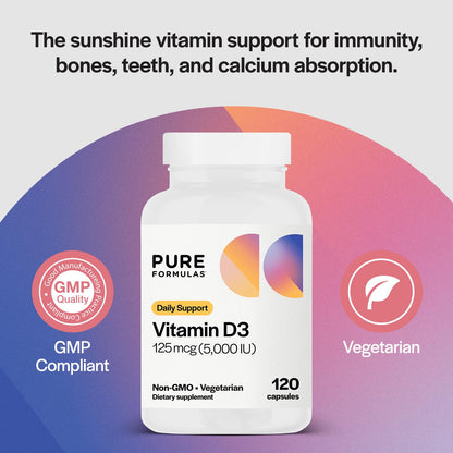 PureFormulas Vitamin D3 5000 IU (125 mcg) | Vitamin D Supplement for Immune Support, Bone & Teeth Health - Non-GMO, 120 Vegetarian Capsules