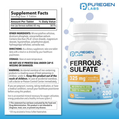 Puregen Labs Ferrous Sulfate 325 mg | 65 mg Elemental Iron | Made in USA